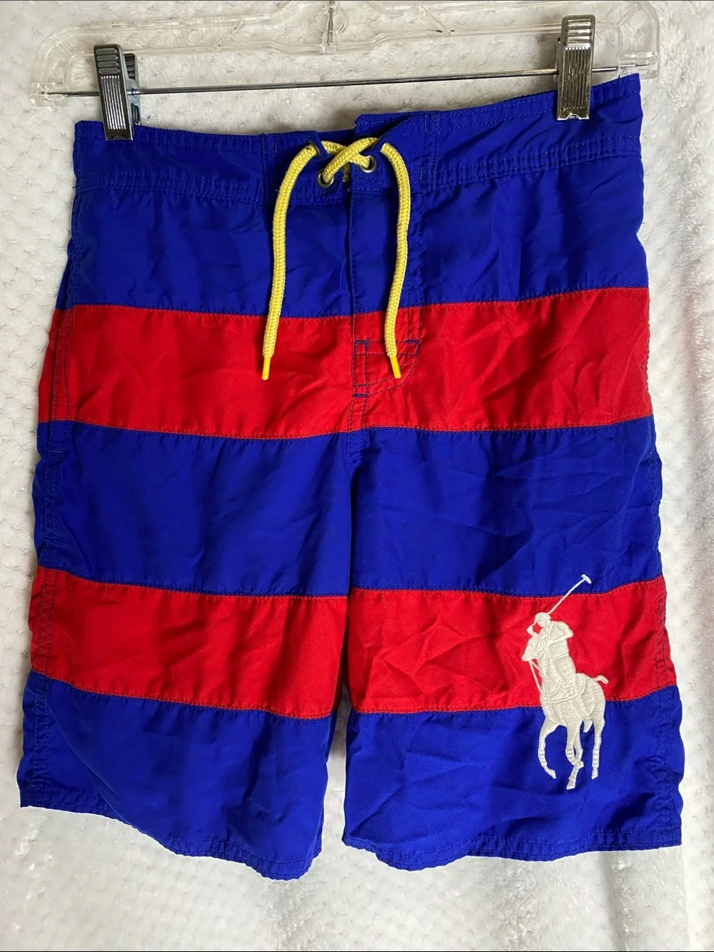 Polo Ralph Lauren Blue & Red Striped Swim Shorts with Yellow Drawstring